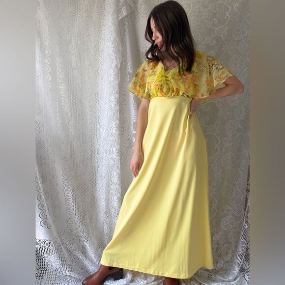 Vintage Dresses & Skirts - Vintage Yellow Floral Chiffon Maxi Dress 70s Prairie Garden Party